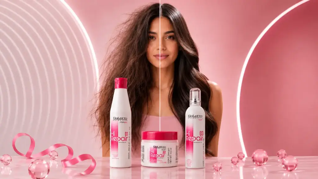 Antes y después de cabello dañado y deshidratado tras una rutina con Hi-Repair de Salerm, con champú, mascarilla y finish disponibles en Ohaloran Perú