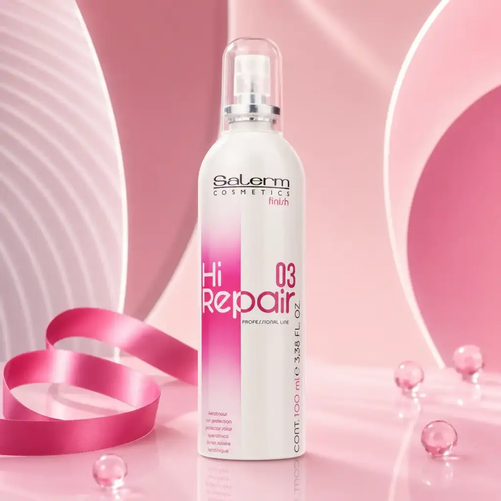 Spray capilar Salerm Hi-Repair 03 Finish sobre fondo rosa profesional