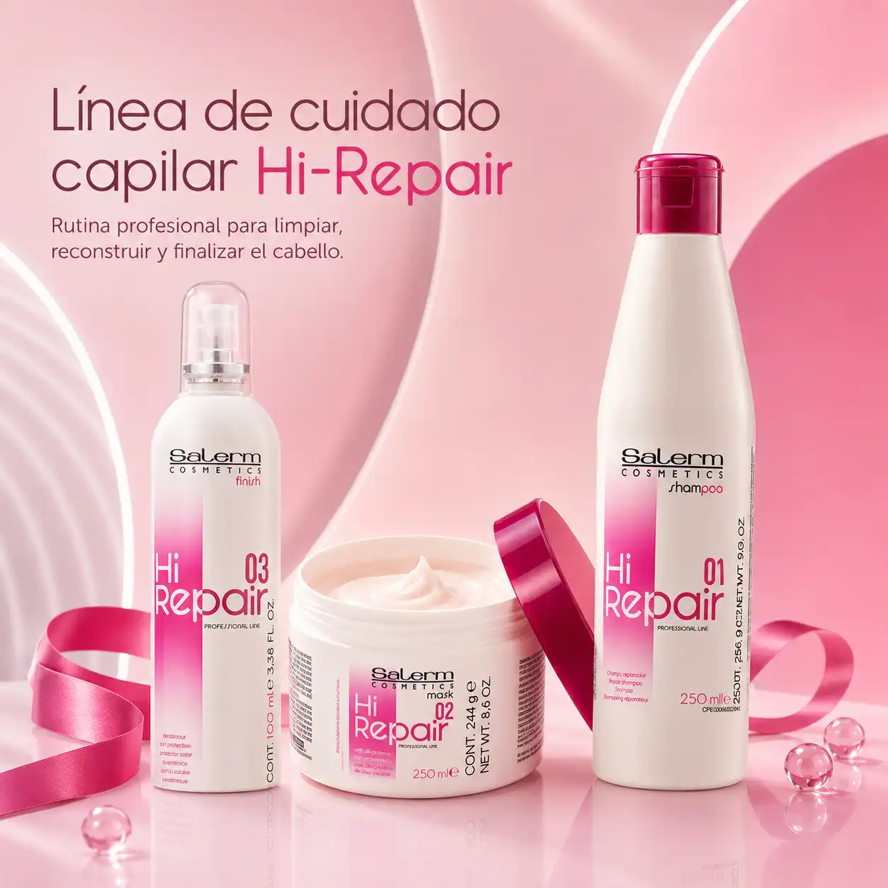 Línea de cuidado capilar Hi-Repair de Salerm con shampoo, mascarilla y finish, productos profesionales para cabello dañado en Lima, Perú