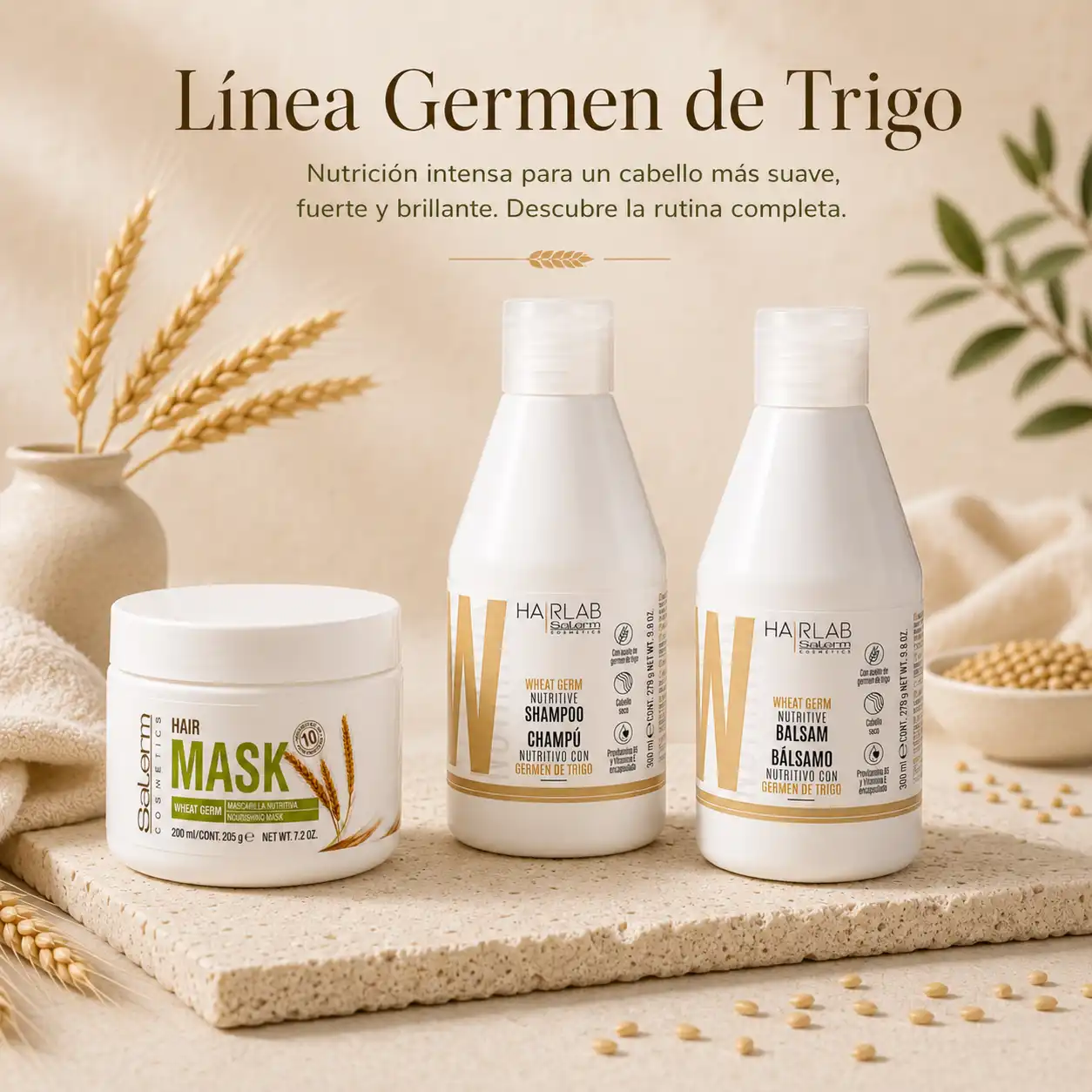Línea completa HairLab Salerm con champú, bálsamo y mascarilla nutritiva de germen de trigo para cabello seco en Lima, Perú
