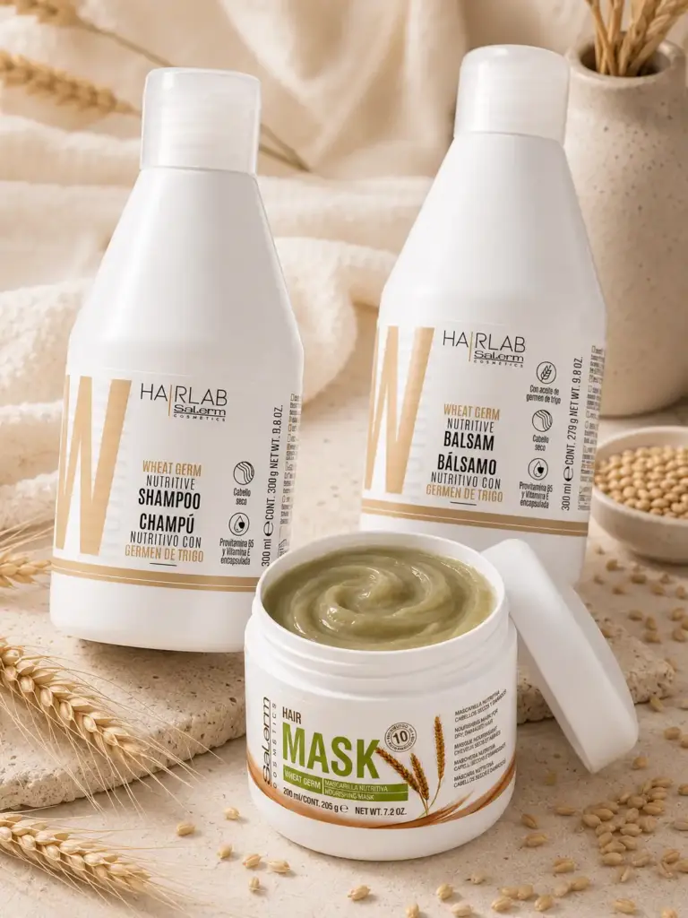 Línea HairLab Salerm con germen de trigo: champú nutritivo, mascarilla y bálsamo para cabello seco y dañado en Lima, Perú.