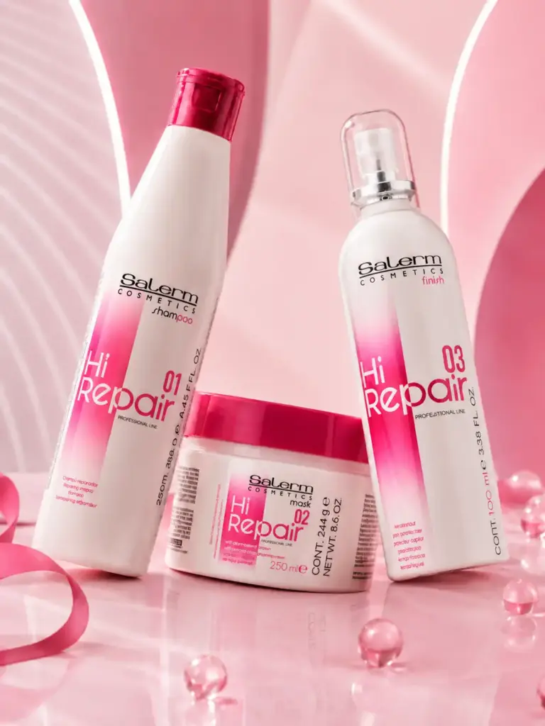 Champú, mascarilla y protector térmico Hi Repair de Salerm para reparar y cuidar el cabello dañado en Lima, Perú.