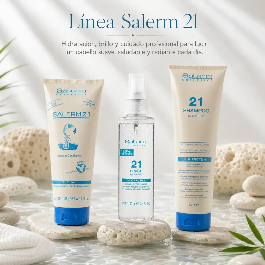 Línea Salerm 21 con champú, acondicionador sin enjuague y Finish con proteína de seda para el cuidado profesional del cabello en Lima, Perú