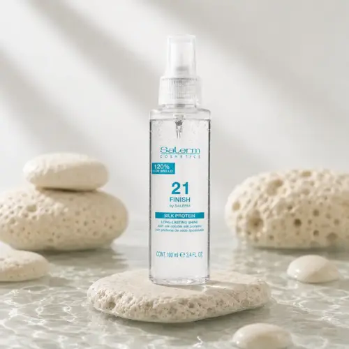 Envase de Salerm 21 Finish con proteína de seda para un cabello brillante