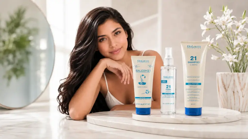 Productos Salerm 21 para el cuidado capilar profesional en Perú, con shampoo, acondicionador sin enjuague y 21 Finish