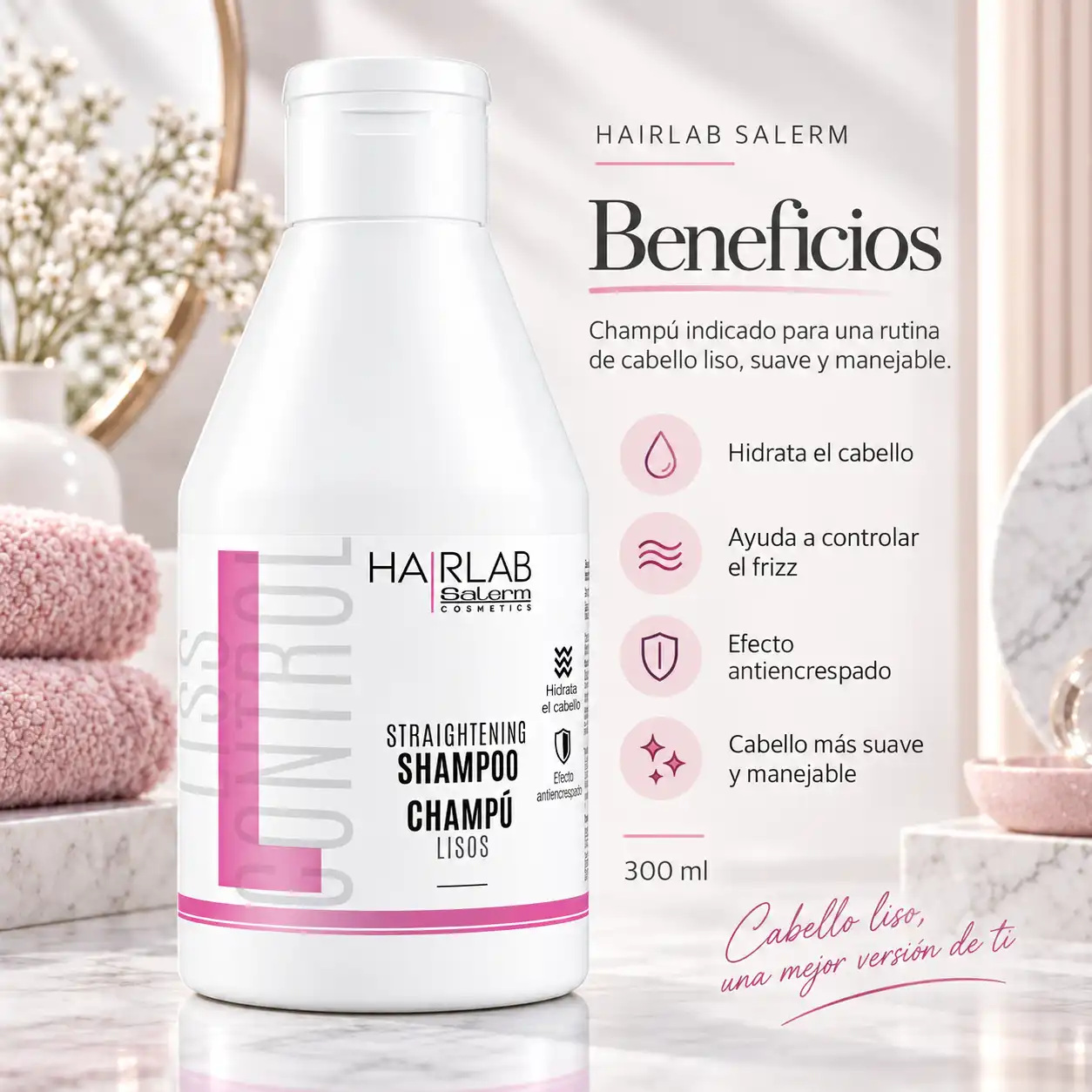 Beneficios del Champú Lisos HairLab Salerm para hidratar, controlar el frizz y suavizar el cabello