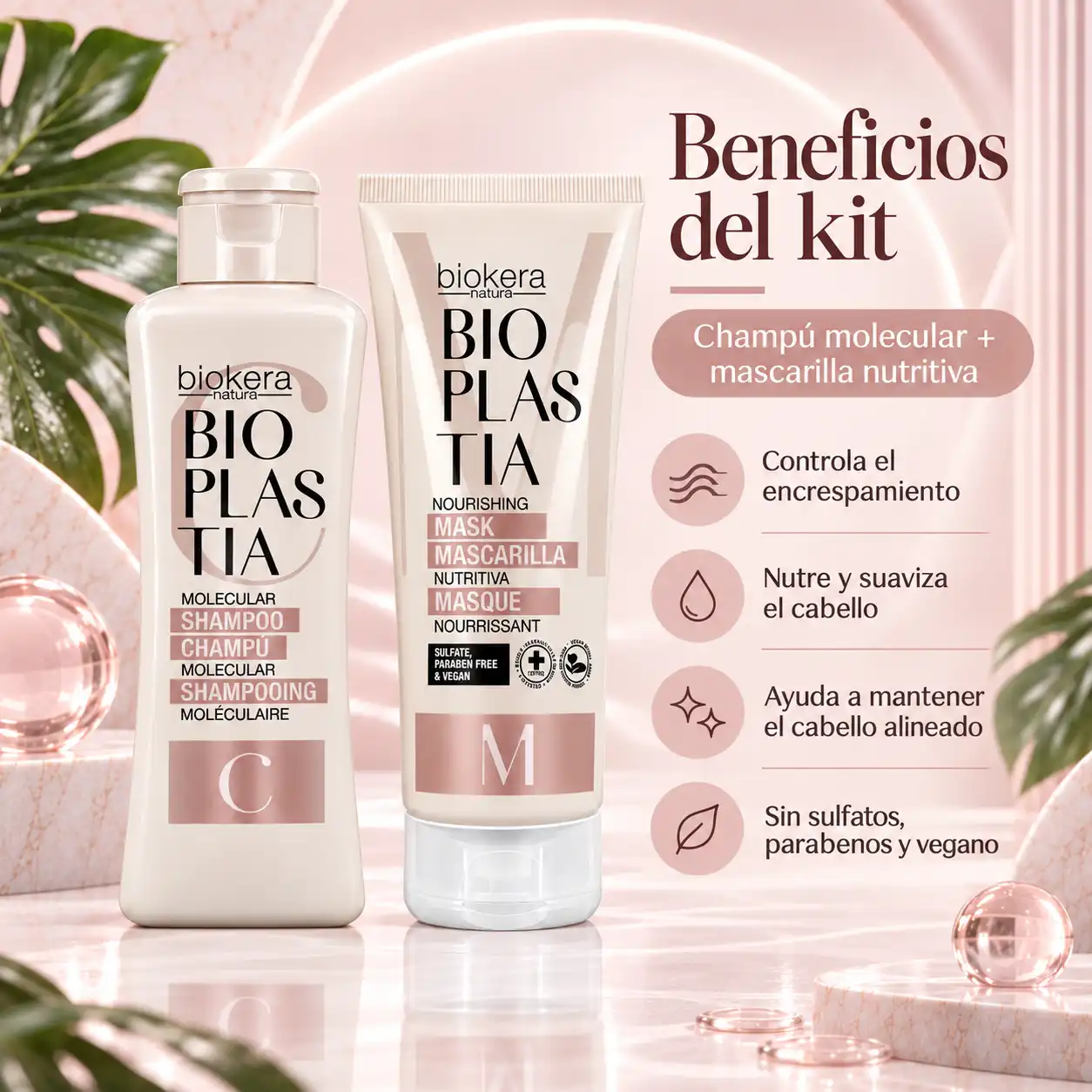 Beneficios del Kit Mantenimiento Bioplastia Salerm para controlar el frizz, nutrir y suavizar el cabello