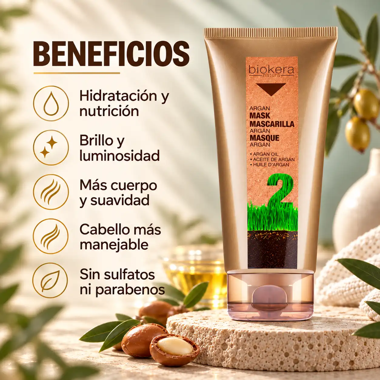 Beneficios de Biokera Natura Mascarilla de Argán: hidratación, nutrición, suavidad y brillo para el cabello seco