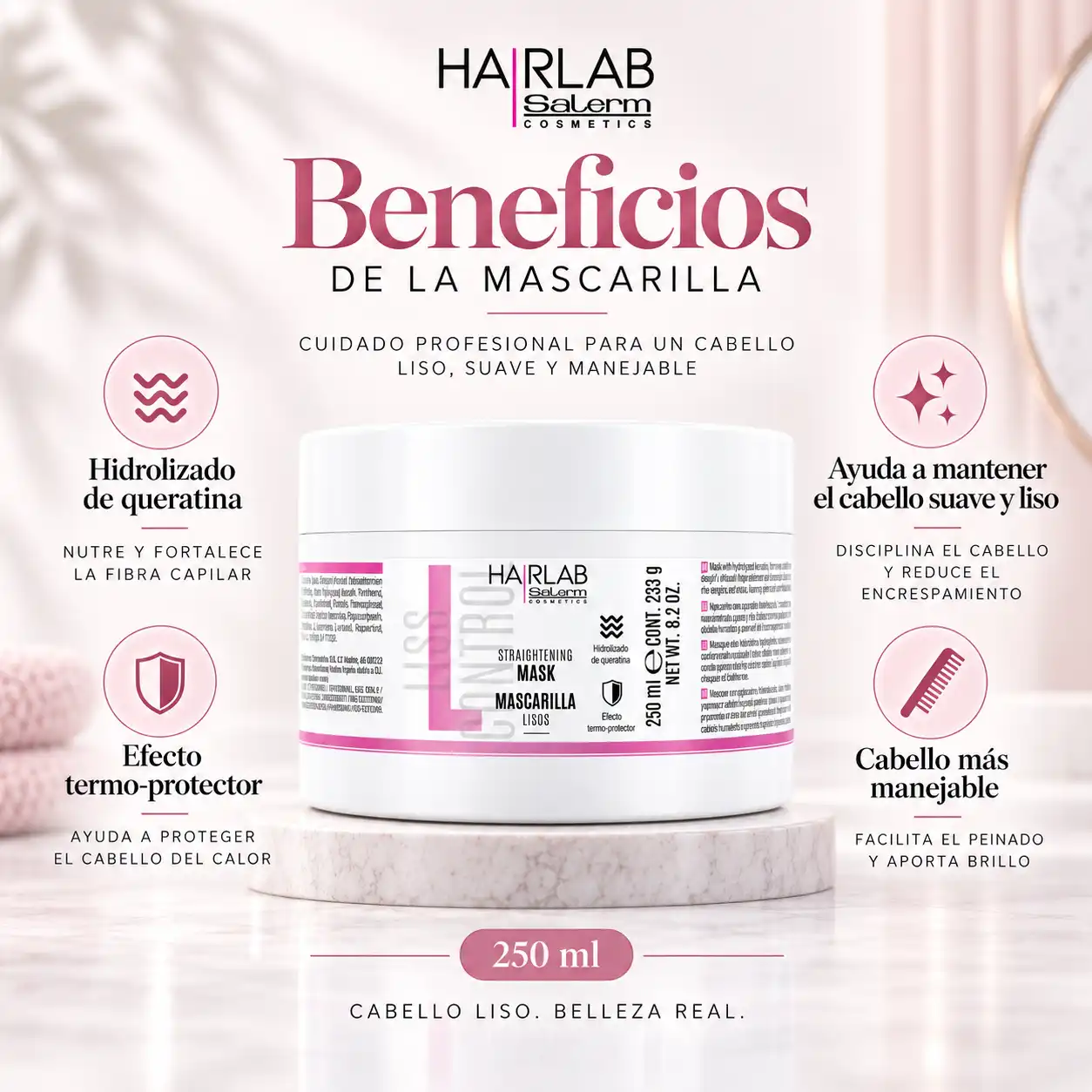 Beneficios de la Mascarilla Lisos HairLab Salerm para suavizar, disciplinar y proteger el cabello