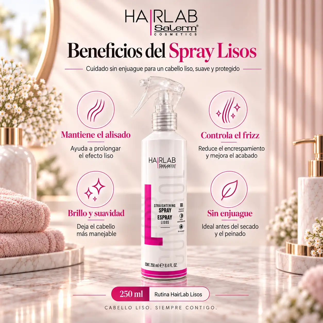 Beneficios del Spray Lisos HairLab Salerm para controlar el frizz, mantener el alisado y aportar suavidad