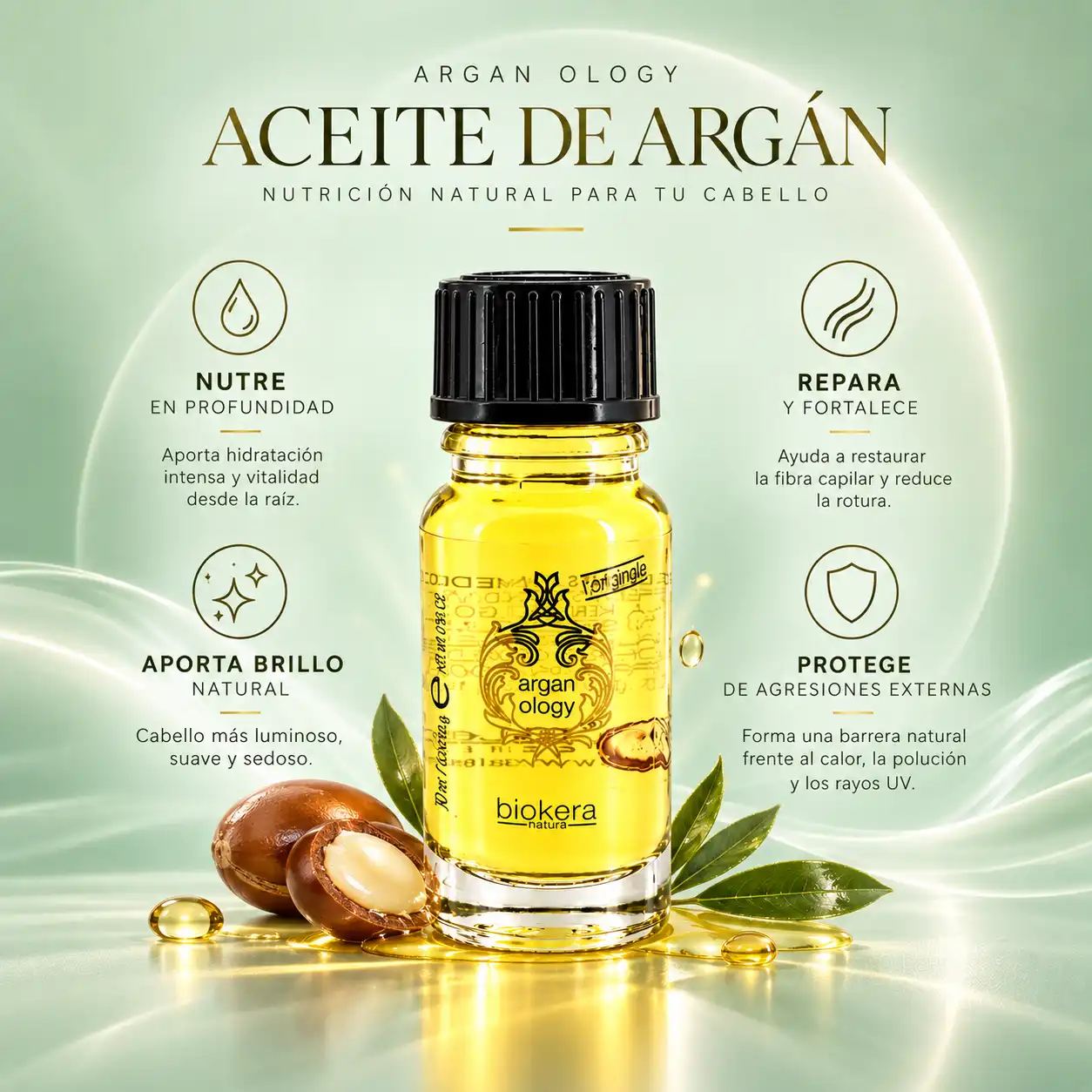Biokera Arganology 10 ml con beneficios para aportar brillo, suavidad y luminosidad al cabello maltratado