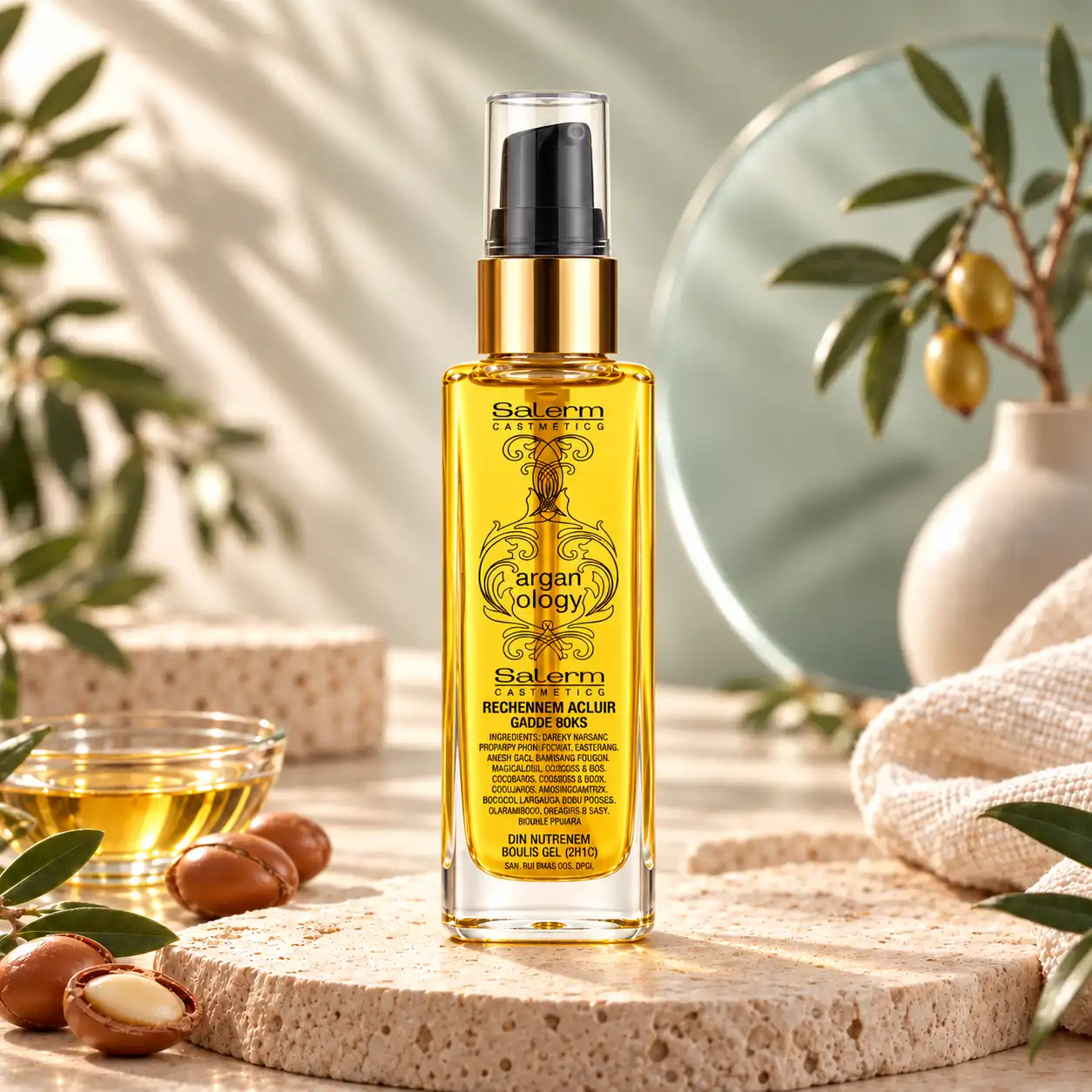 Biokera Natura Arganology 60 ml de Salerm Cosmetics con su caja, sérum capilar de argán disponible en Lima, Perú