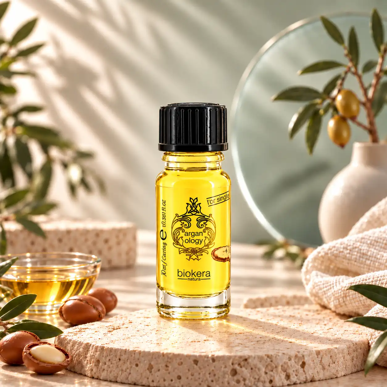Frasco Biokera Natura Arganology 10 ml, aceite capilar de argán y algodón para cabello maltratado