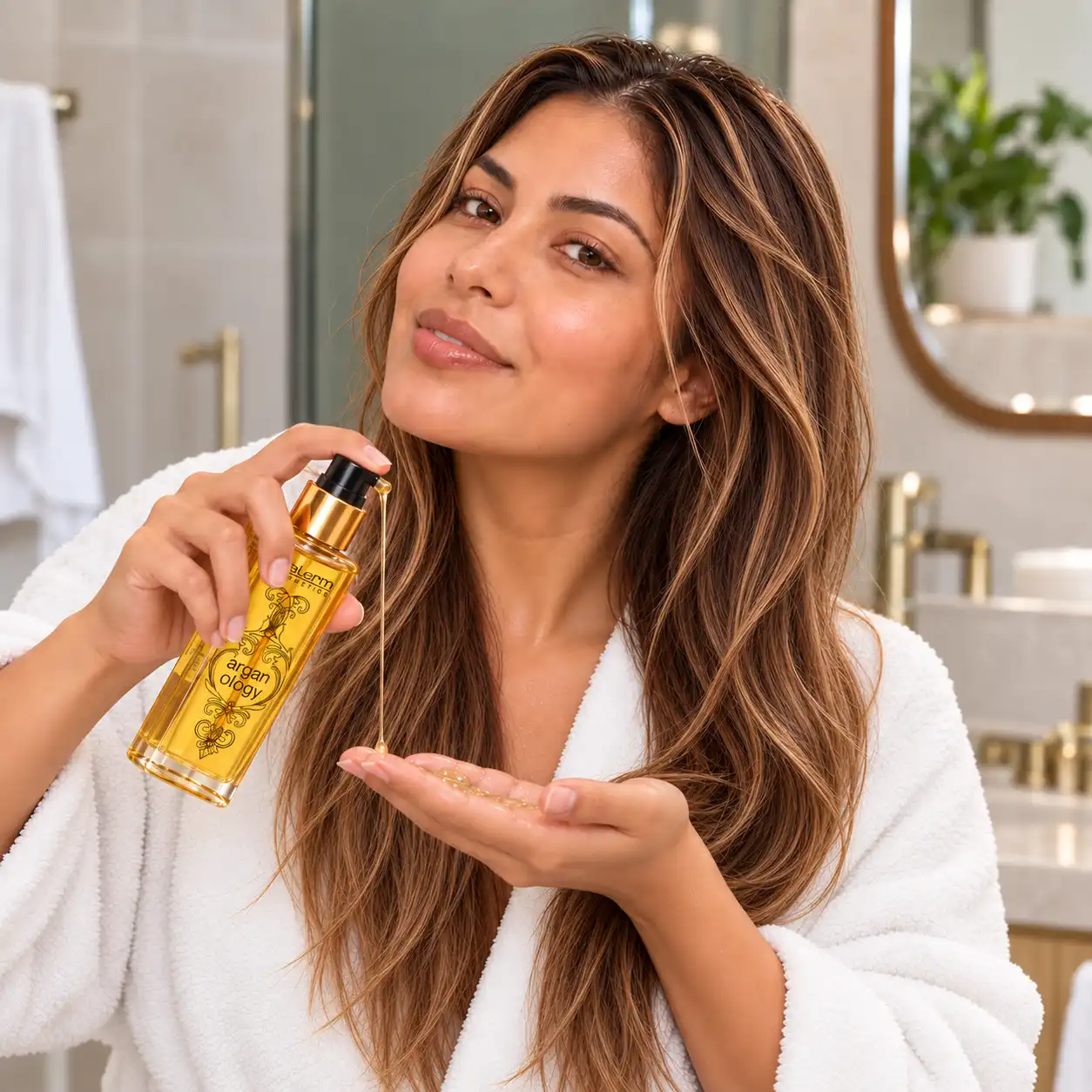 Mujer aplicando Biokera Natura Arganology de Salerm Cosmetics sobre el cabello seco, suave y brillante