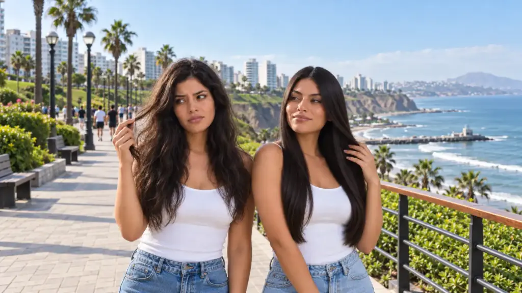 Dos mujeres peruanas mostrando cabello con frizz y cabello controlado en el Malecón de Lima