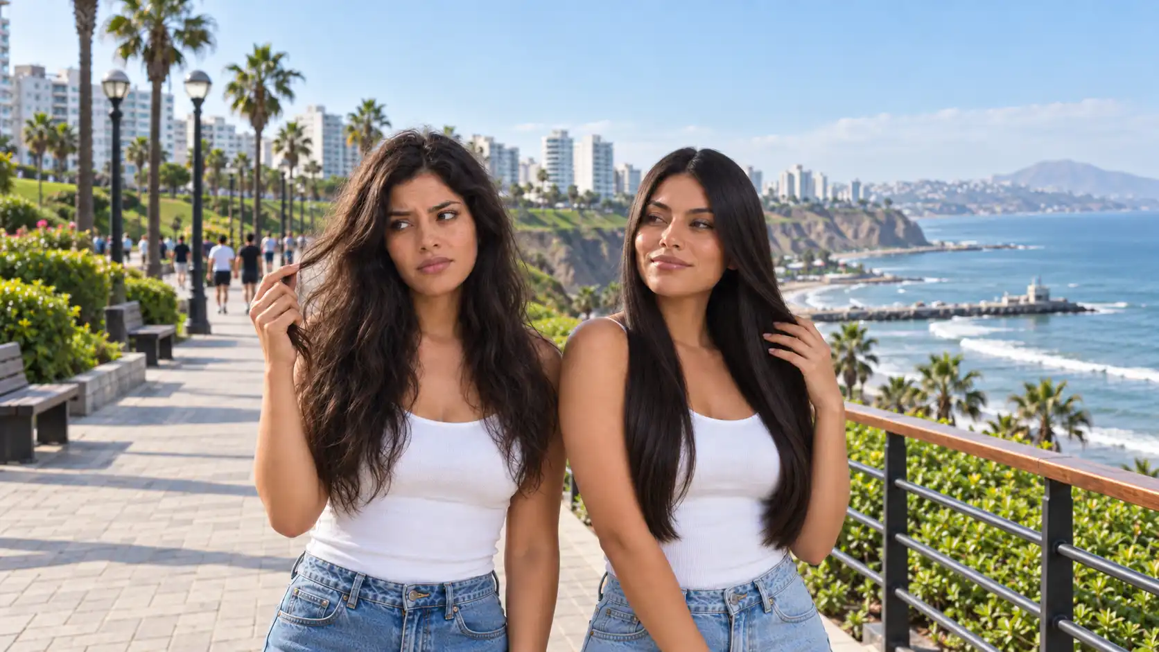 Dos mujeres peruanas mostrando cabello con frizz y cabello controlado en el Malecón de Lima