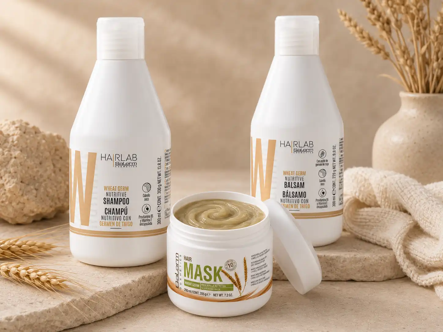 Productos HairLab Salerm Germen de Trigo con shampoo, mascarilla y bálsamo nutritivo para cabello seco