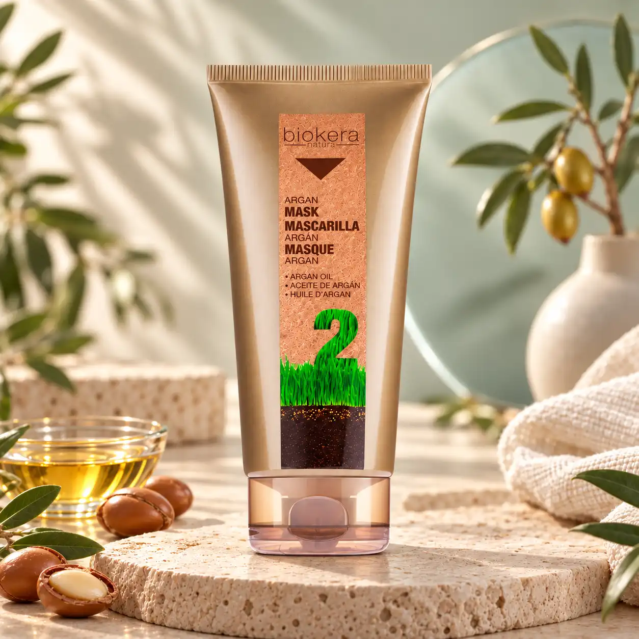 Mascarilla de argán Biokera Natura para hidratar y cuidar el cabello, presentada en un ambiente natural y elegante