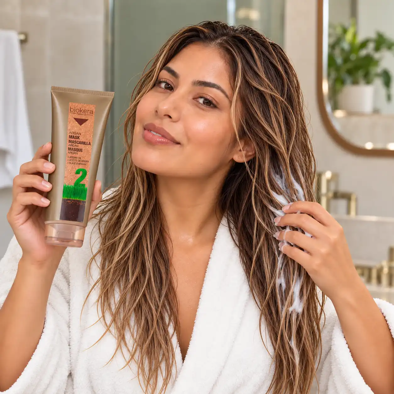 Mujer peruana aplicando Biokera Natura Mascarilla de Argán para cuidar e hidratar su cabello