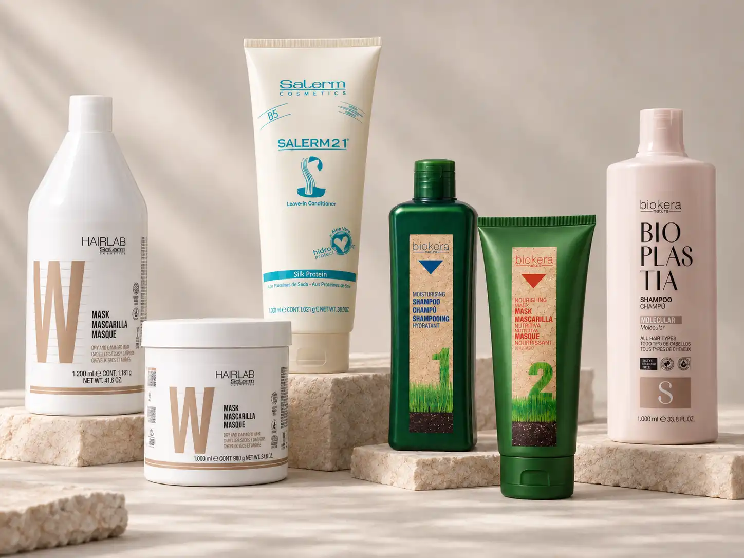 Productos Salerm profesionales HairLab, Salerm 21, Biokera y Bioplastia en formatos de gran capacidad para peluquerías y salones en Lima