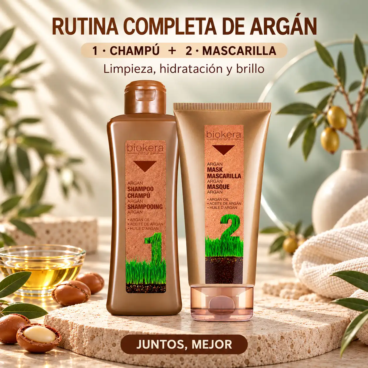 Champú 300 ml y mascarilla 200 ml Biokera Natura Argán de Salerm, rutina capilar completa disponible en Lima, Perú