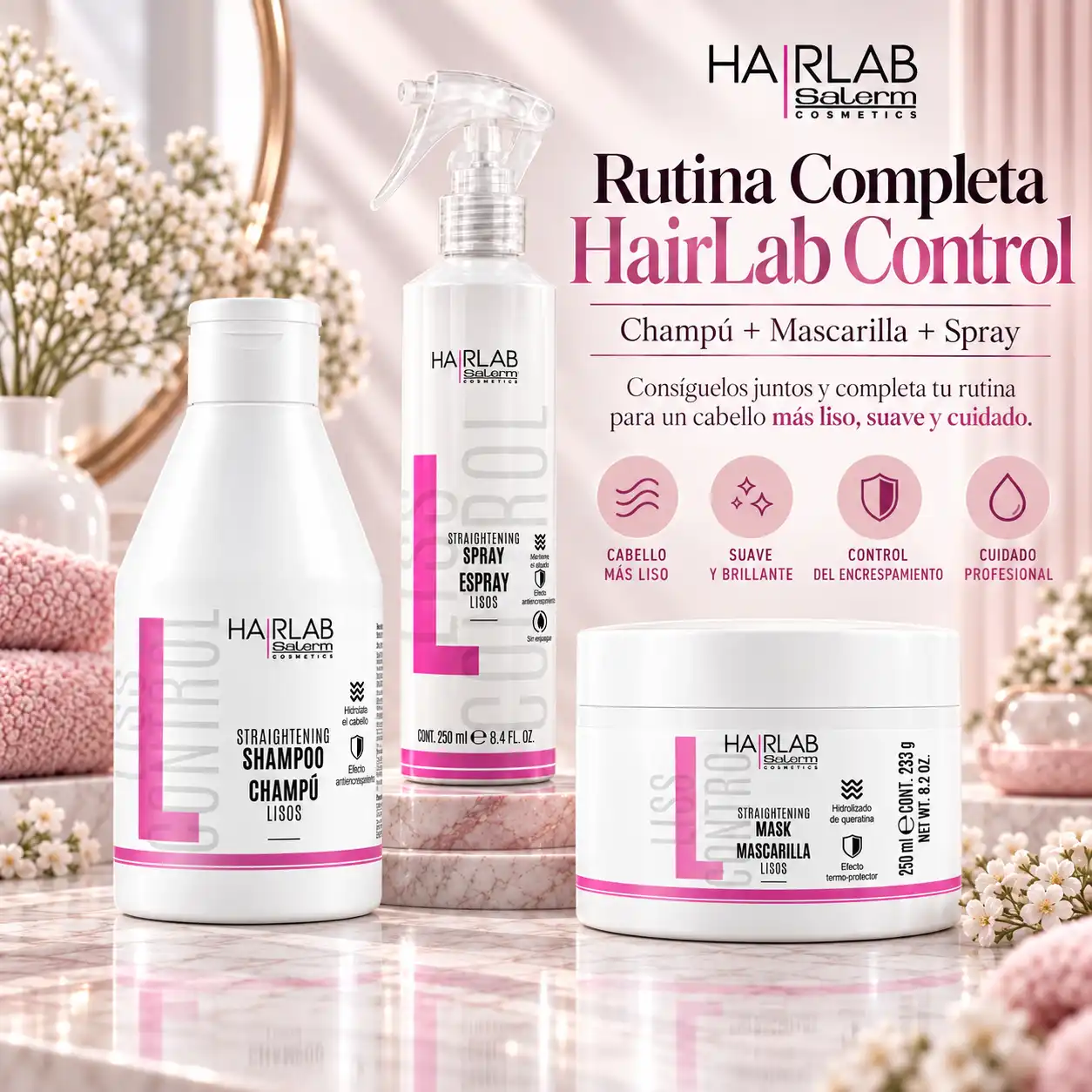 Rutina completa HairLab Control Salerm con champú lisos, mascarilla lisos y spray alisador para un cabello más liso y cuidado en Lima
