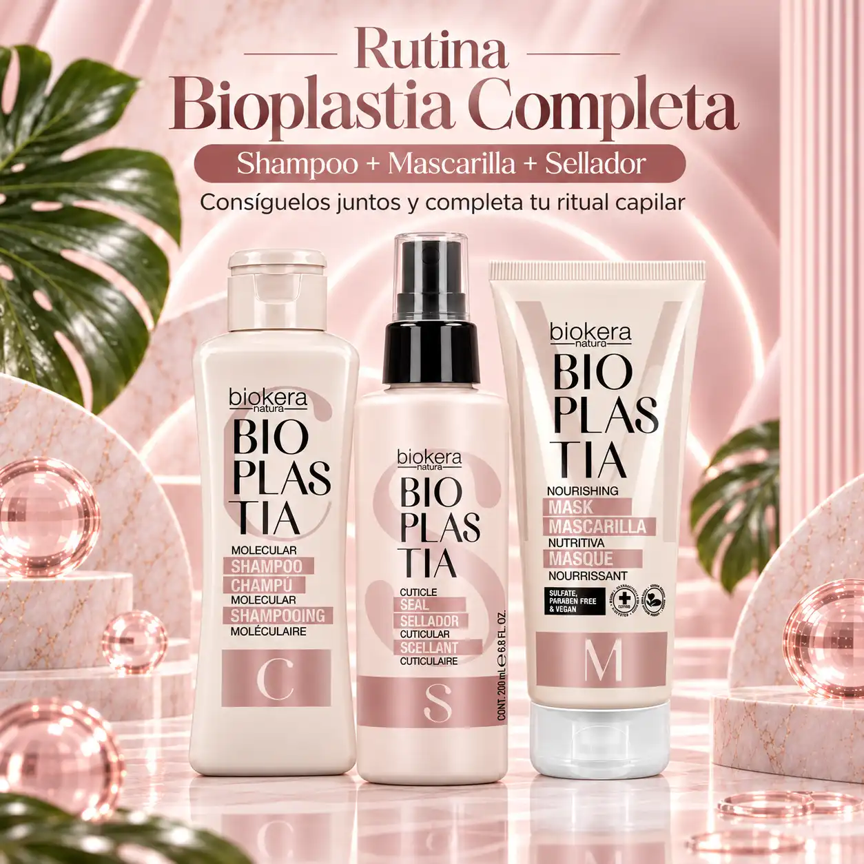 Rutina capilar Salerm Bioplastia con champú molecular, mascarilla nutritiva y sellador cuticular en Lima