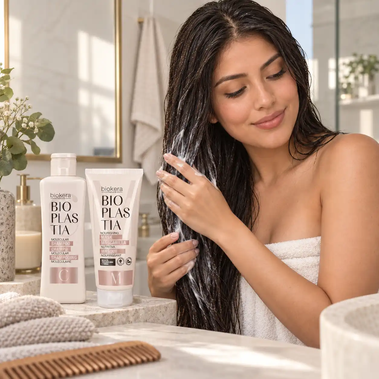 Mujer aplicando la Mascarilla Nutritiva Bioplastia Salerm sobre el cabello húmedo