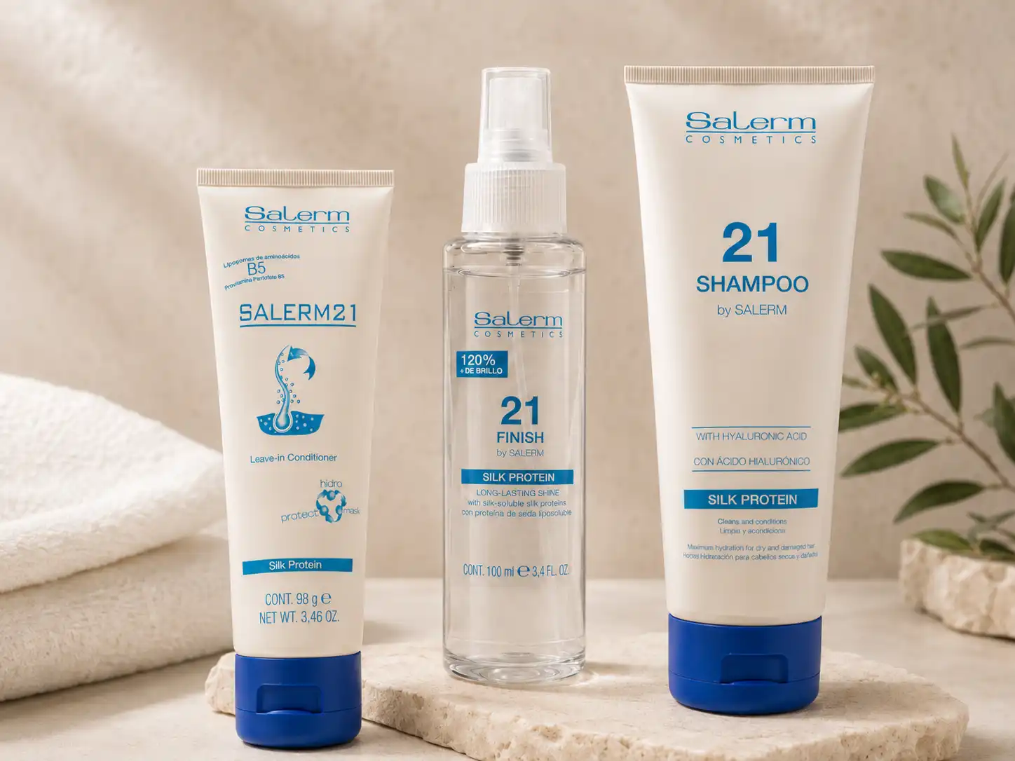 Productos Salerm 21 con shampoo, acondicionador leave-in y Finish para cabello seco y dañado