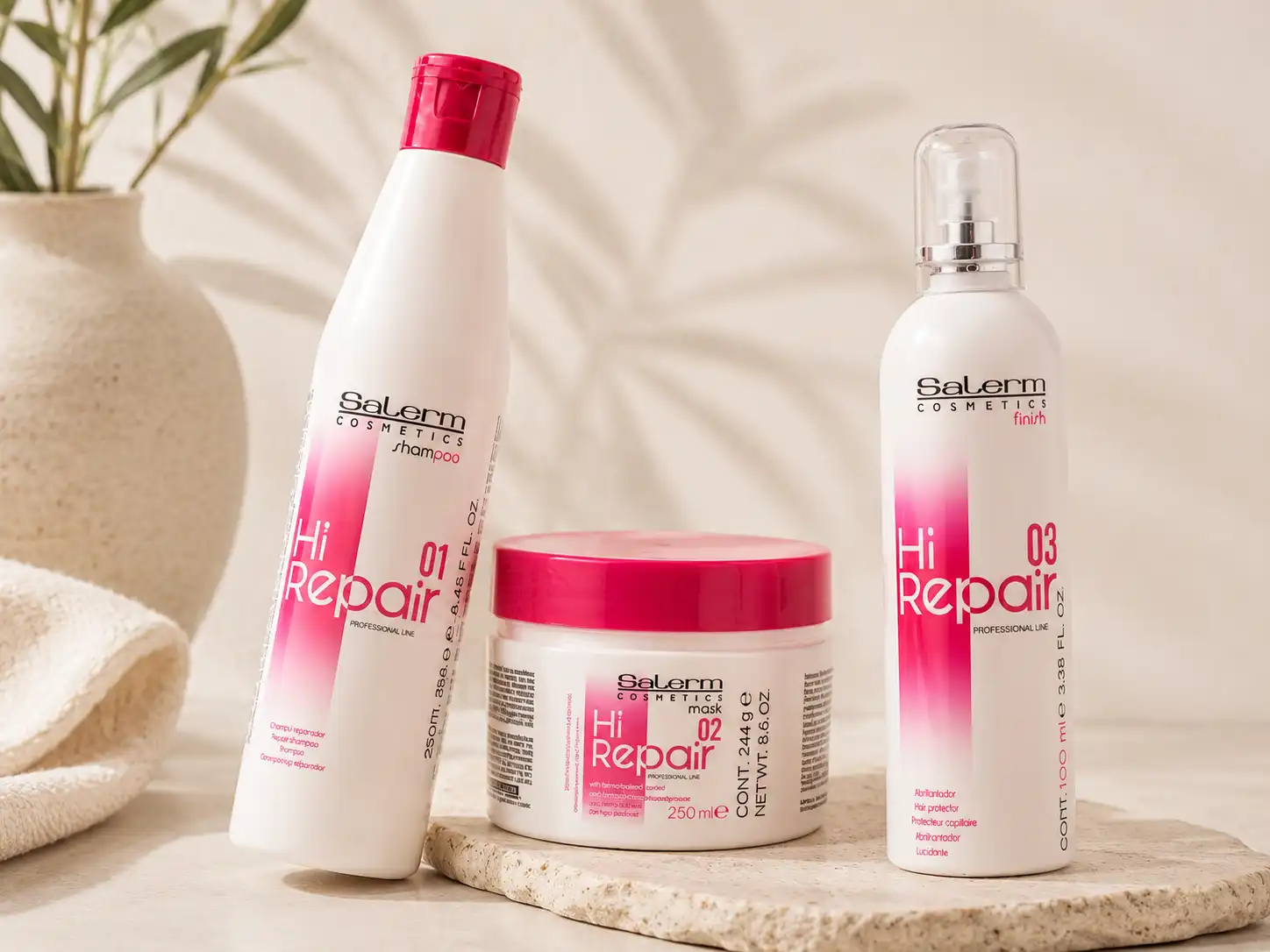 Productos Salerm Hi Repair con shampoo, mascarilla reparadora y protector para cabello dañado
