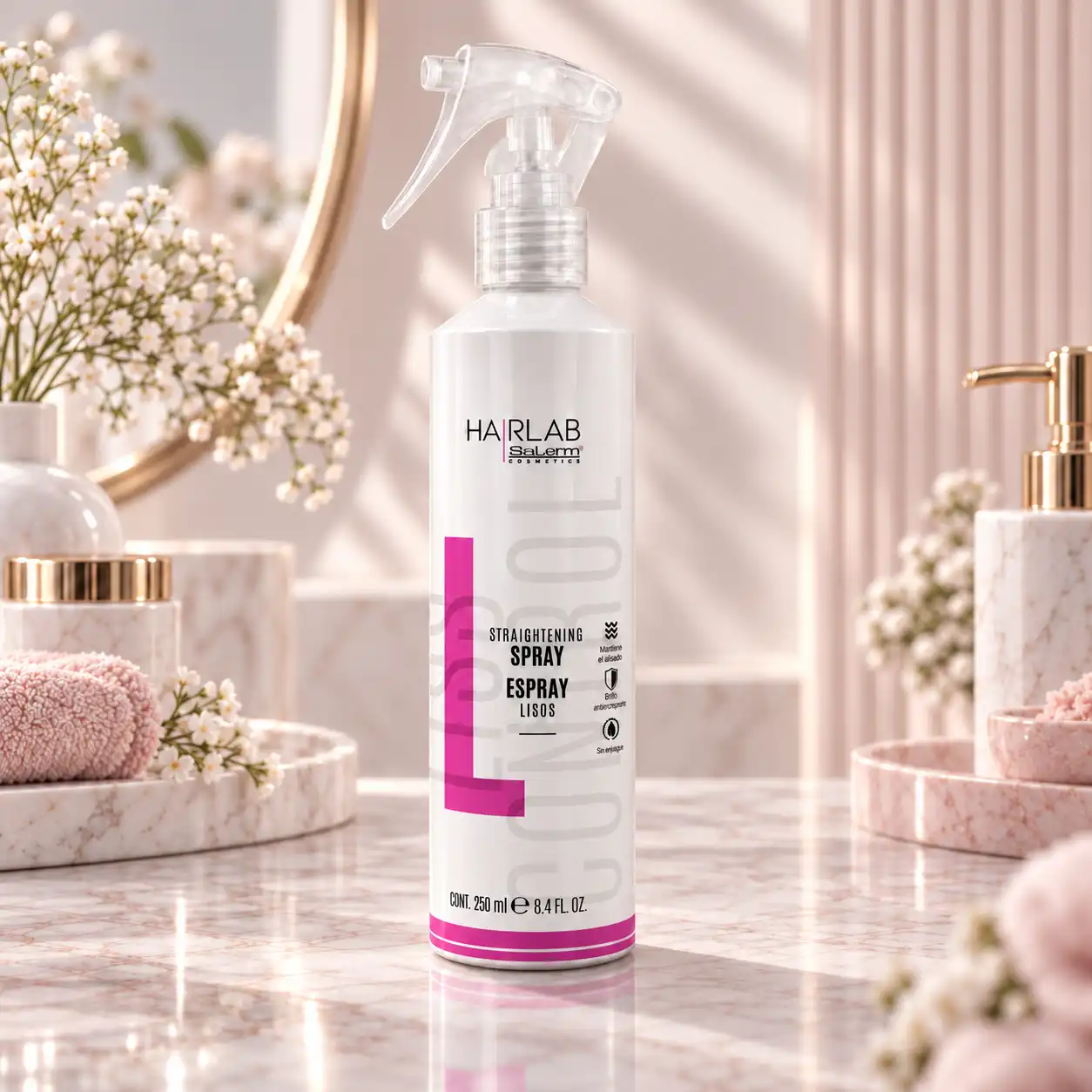 Spray Lisos HairLab Salerm 250 ml en ambiente profesional para cabello liso y manejable