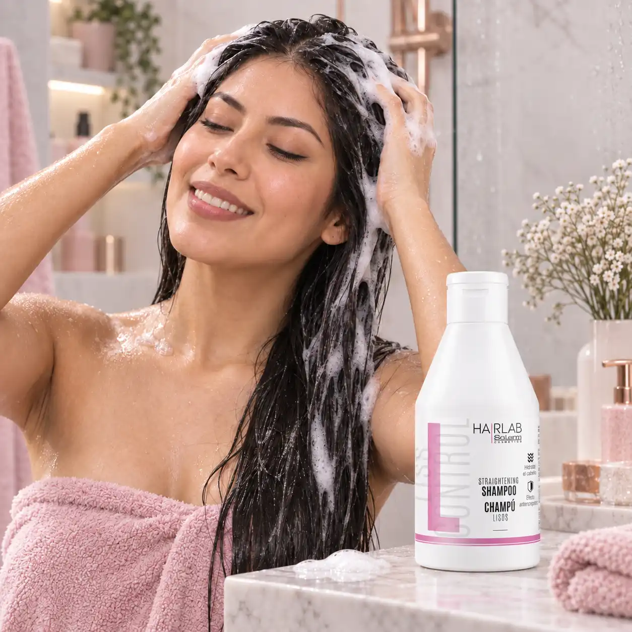 Mujer aplicando Champú Lisos HairLab Salerm en cabello liso con tendencia al frizz