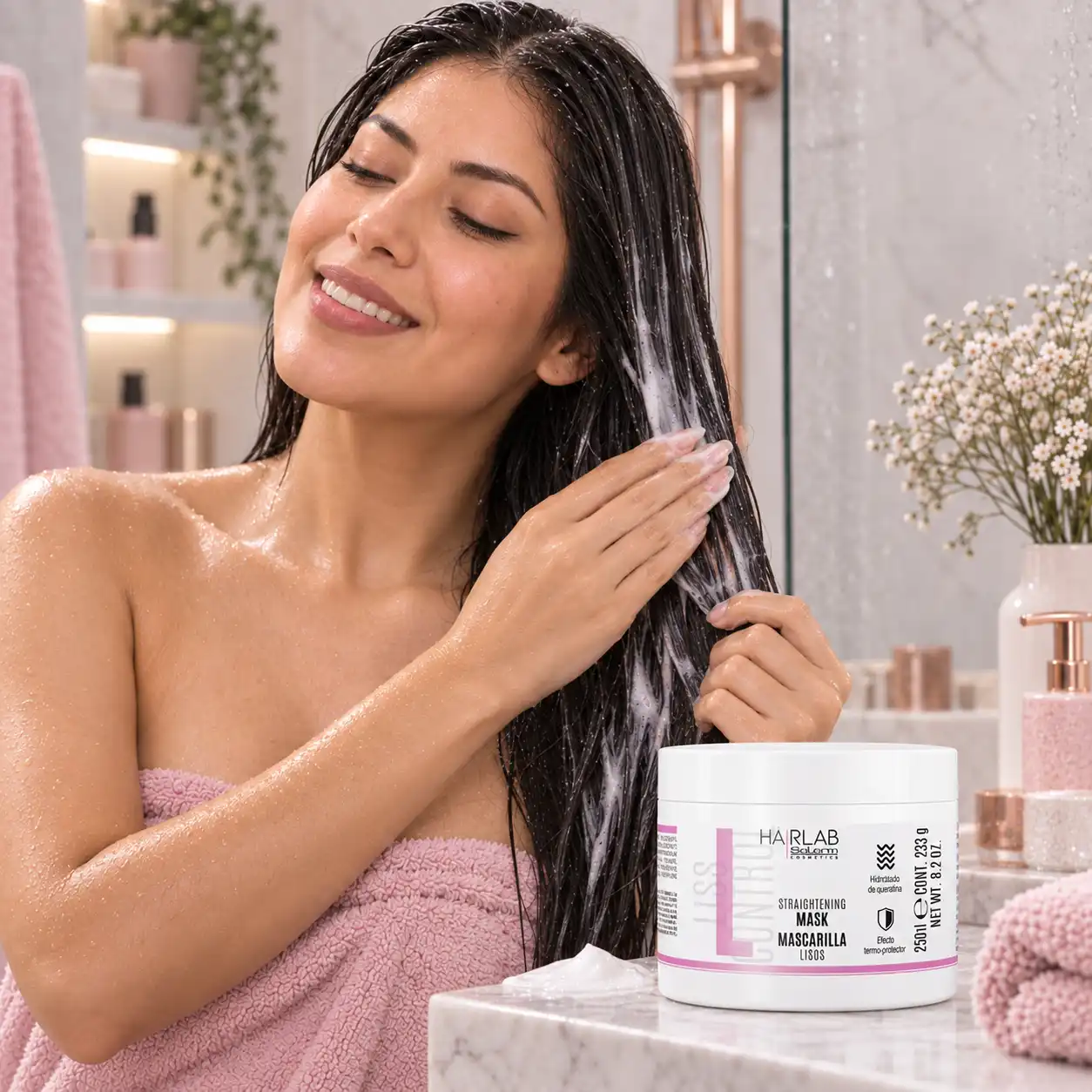 Mujer aplicando Mascarilla Lisos HairLab Salerm sobre el cabello húmedo de medios a puntas