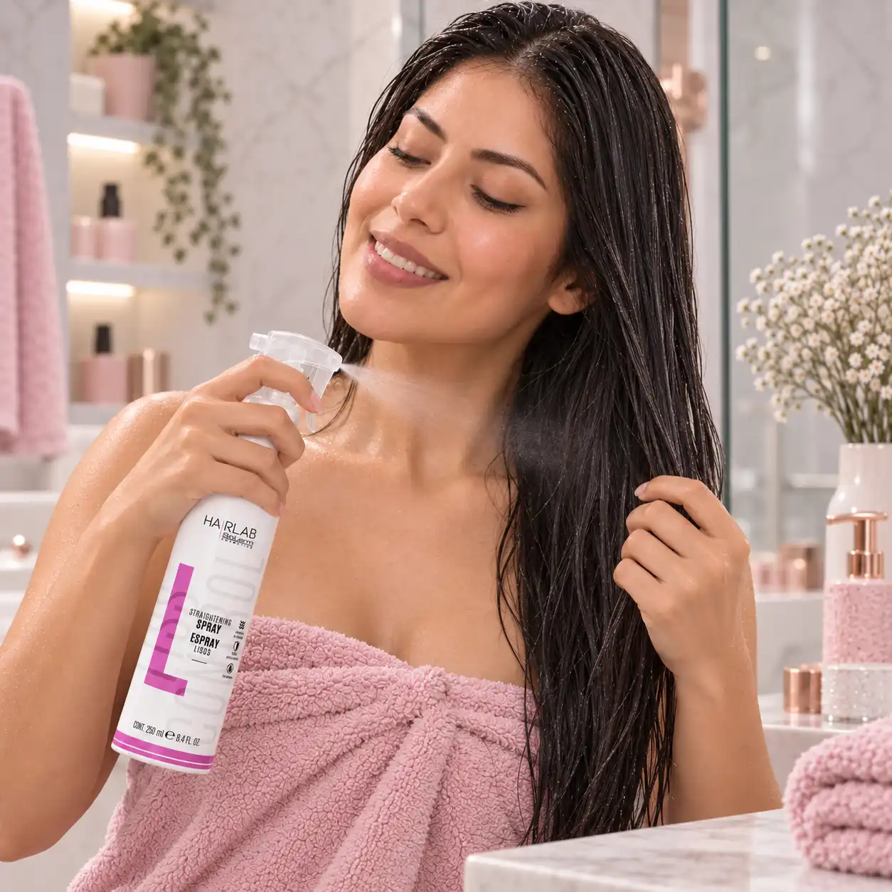 Mujer aplicando HairLab Spray Lisos Salerm sobre el cabello húmedo antes del secado